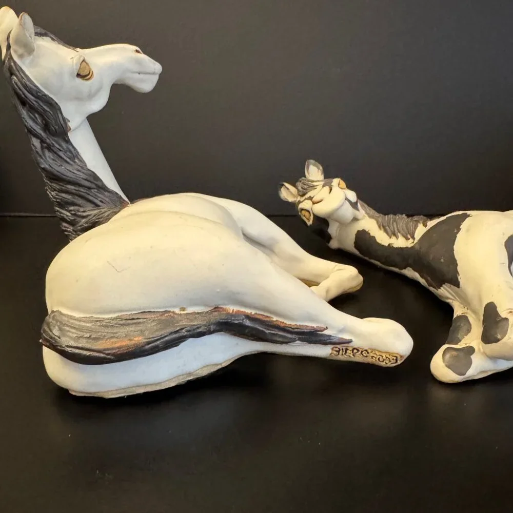 Handcrafted Ceramic Horse Figurines Set Of 2 Stamped Bier 2003 Painted White & G - Picture 8 of 16